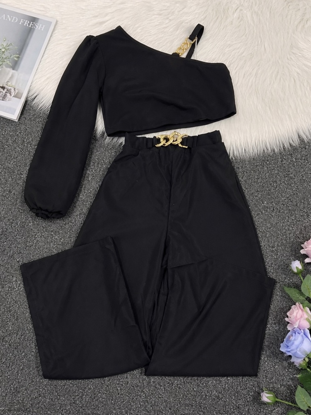 Black One-Shoulder Wide Leg Jumpsuit with Gold Chain Detail